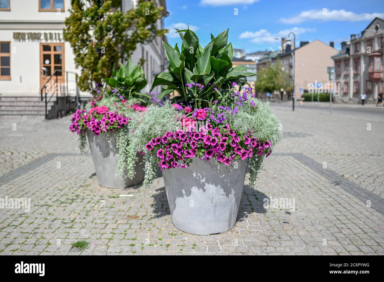Décorations florales sur la place Old à Norrkoping. Norrkoping est une ville industrielle historique de Suède. Banque D'Images