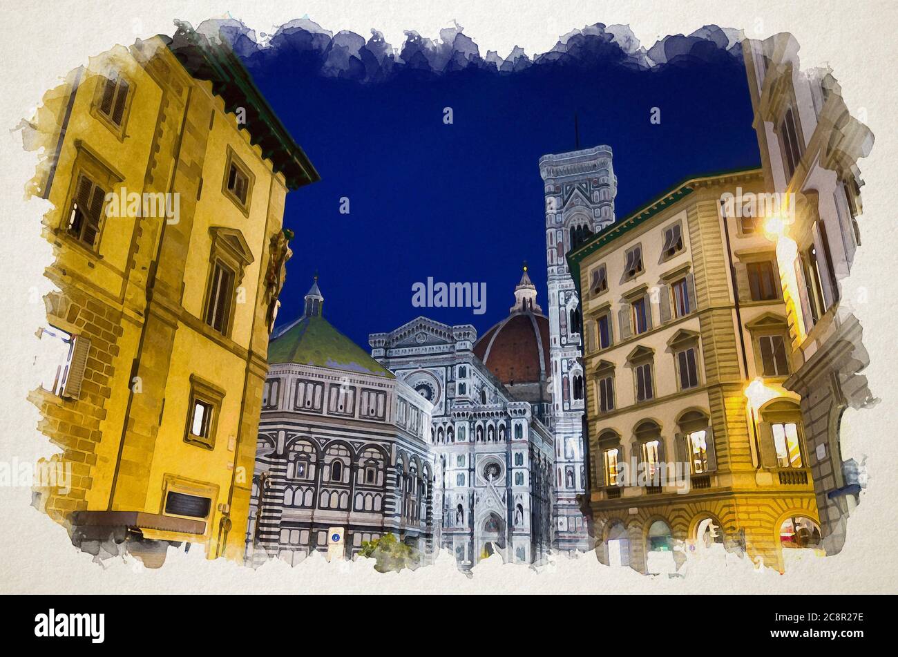 Dessin aquarelle du Duomo de Florence, de la cathédrale Santa Maria del Fiore, de la basilique Sainte Marie de la cathédrale florale et de Battistero di San Giovanni, la nuit, Toscane, Italie Banque D'Images