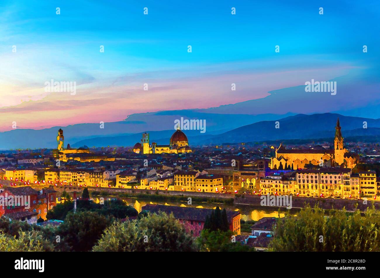 Dessin aquarelle de Top vue panoramique aérienne en soirée de Florence avec Duomo Santa Maria del Fiore cathédrale, rivière Arno, Basilique de Santa Croce et Palazzo Vecchio palais, Toscane, Italie Banque D'Images