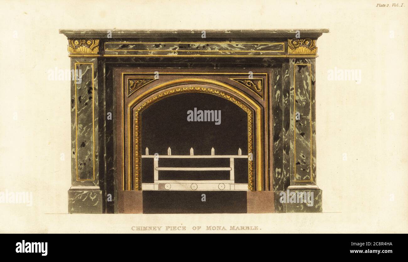 Cheminée en marbre de Mona, conçue par George Bullock, 1777-1818, sculpteur en marbre et concepteur de meubles de Tenterden Street, Hanover Square, Londres. Le marbre de Mona était un marbre de sagegreen profond du pays de Galles. Gravure en coperplate de couleur main du référentiel des arts, de la littérature, des modes, des manufactures, etc. De Rudolph Ackermann, Strand, Londres, 1816. Banque D'Images
