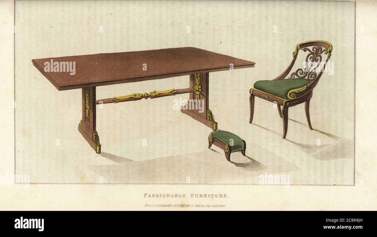 Mobilier tendance, époque Regency. Table de salle à manger en bois de rose avec ornements sculptés en bois de satinwood, chaise en bois de rose et tabouret avec coussins en merino damassé. Gravure en coperplate de couleur main de Rudolph Ackermann's Repository of Arts, Littérature, Fashions, manufactures, etc., Strand, Londres, 1824. Banque D'Images