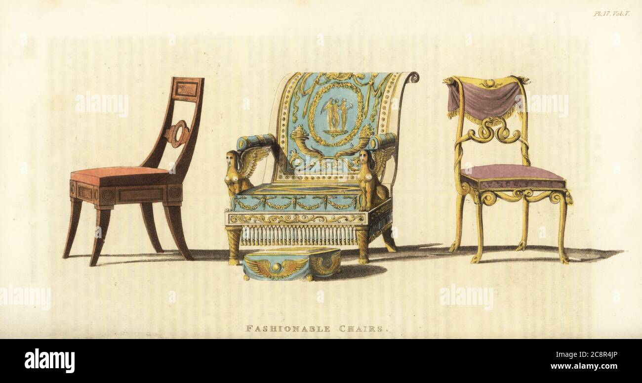 Chaises à la mode, époque Regency. Chaise de salle à manger en acajou (à  gauche), fauteuil et tabouret en bois sculpté avec coussins en satin  brodés, chaise en boudoir en forme de