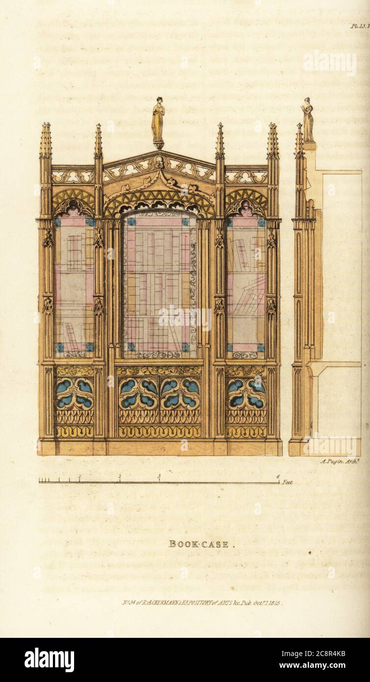 Un étui de livre gothique. Il a quatre contreforts et des pinnacles, des arches plates, une figure de méditation sur le dessus, et de verre coloré dans les fenêtres. Gravure sur plaque de coperplate de couleur main, d'après un dessin d'Augustus Charles Pugin, du référentiel des arts, de la littérature, des modes, des manufactures, etc. De Rudolph Ackermann, Strand, Londres, 1825. Banque D'Images Un étui de livre gothique. Il a quatre contreforts et des pinnacles, des arches plates, une figure de méditation sur le dessus, et de verre coloré dans les fenêtres. Gravure sur plaque de coperplate de couleur main, d'après un dessin d'Augustus Charles Pugin, du référentiel des arts, de la littérature, des modes, des manufactures, etc. De Rudolph Ackermann, Strand, Londres, 1825. Banque D'Images