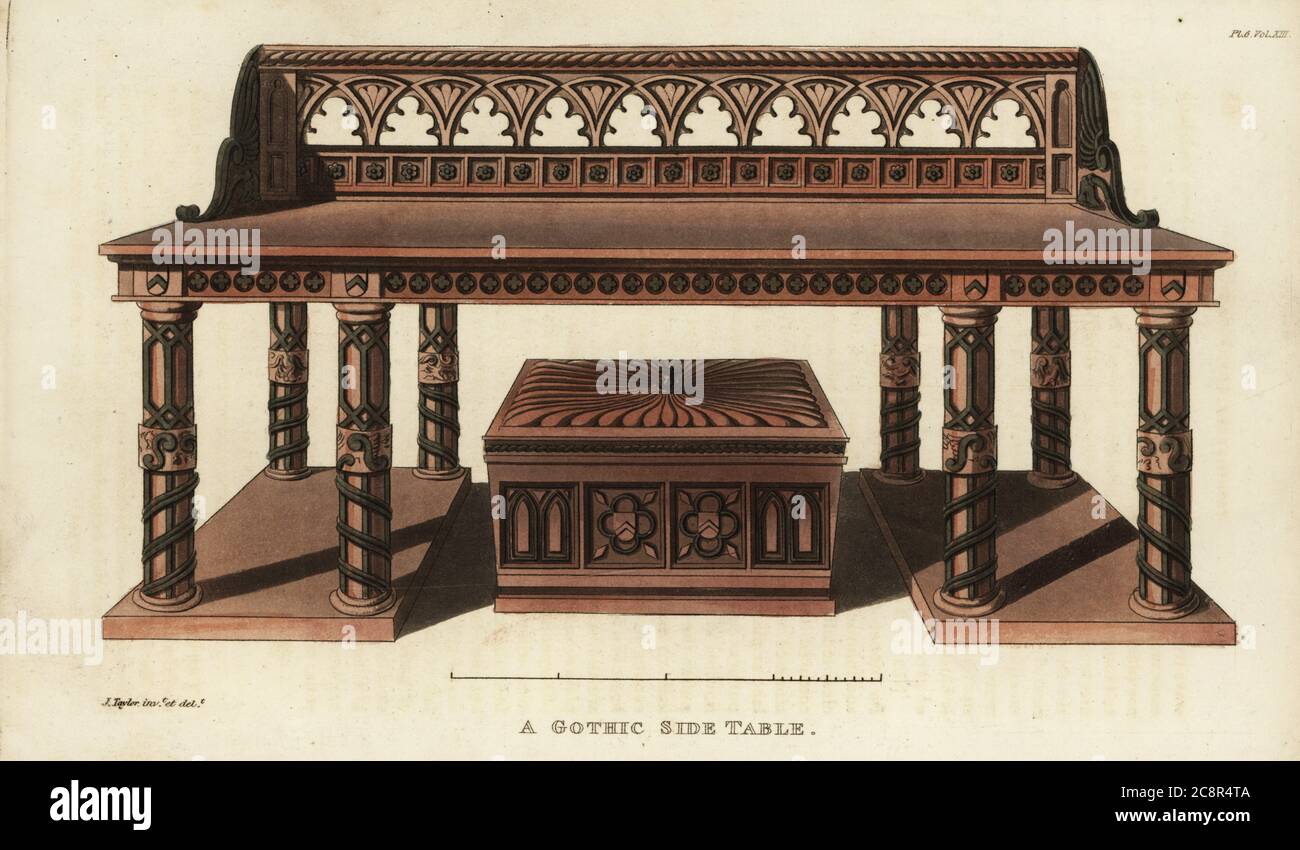 Table d'extrémité gothique conçue par John Taylor, tapissier et concepteur de meubles à Bedford court, Covent Garden, Londres 1821-1829. La table est en bois sculpté avec huit pieds sur des plaformes. Le cellaret ou le cabinet à vin en dessous est sous la forme d'un sarcophage copié d'un tombeau dans l'église de Luton. Gravure sur plaque de coperplate de couleur main, d’après une illustration de John Taylor de Rudolph Ackermann, Repository of Arts, Literature, Fashions, manufactures, etc., Strand, Londres, 1821. Banque D'Images