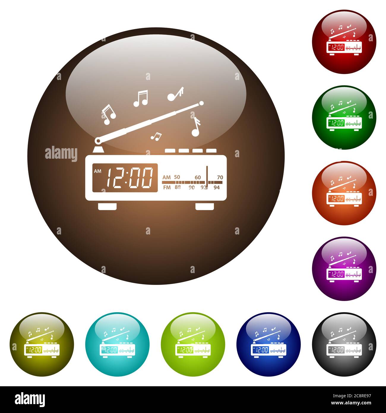 Radio-réveil vintage avec icônes blanches sur boutons ronds en verre, de plusieurs couleurs Illustration de Vecteur