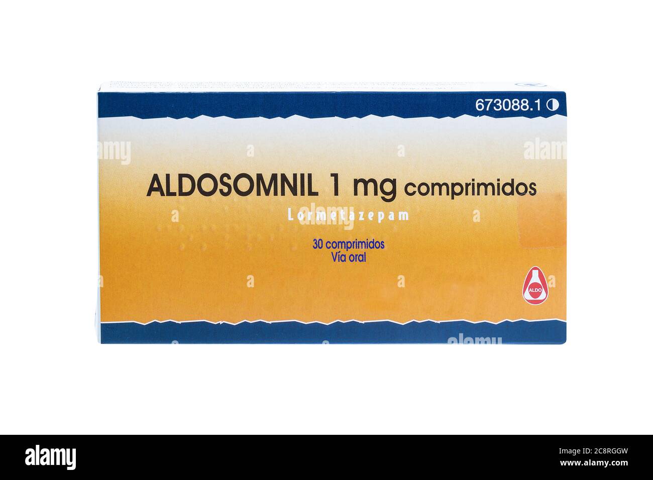 Huelva, Espagne - 23 juillet 2020: Lormetazepam marque Aldosomnil du laboratoire Aldo. Lormetazepam est considéré comme une benzodiazépine hypnotique et est officia Banque D'Images