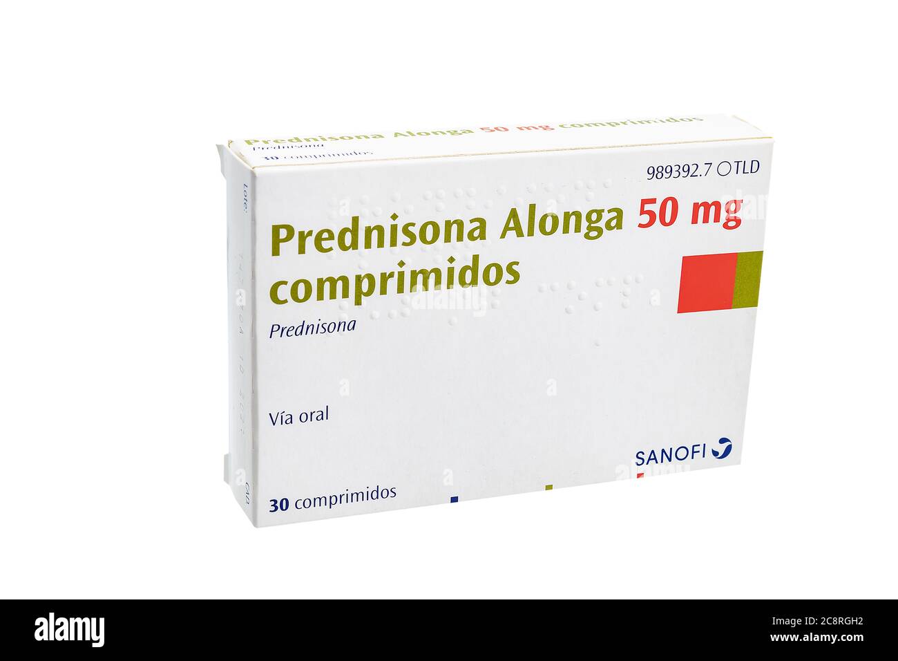 Huelva, Espagne - 23 juillet 2020 : marque prednisone Alonga du laboratoire Sanofi. Les corticostéroïdes, y compris la cortisone, l'hydrocortisone et la prednison Banque D'Images
