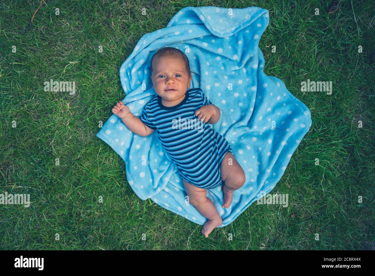 Un petit bébé est allongé sur une couverture sur la pelouse en été Banque D'Images