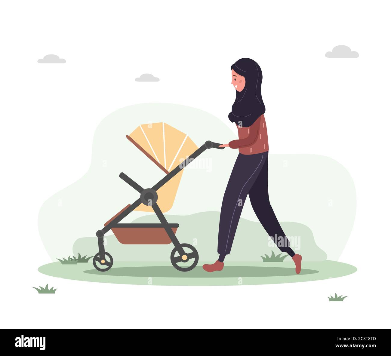 Jeune arabe marchant avec son nouveau-né dans un landau. Fille sur une promenade avec une poussette et un bébé dans la nature en plein air. Illustrations vectorielles Illustration de Vecteur