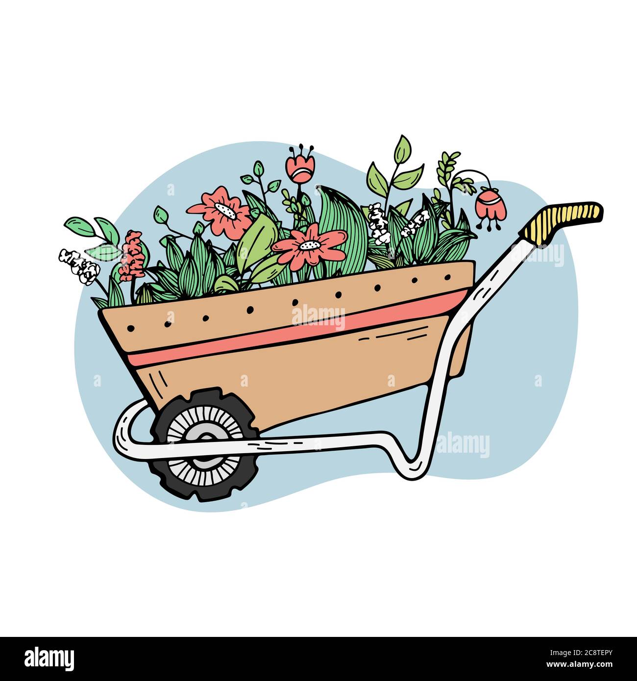 Illustration d'une brouette de jardin avec plantes et fleurs. Floristics, jardinage. Illustration de Vecteur