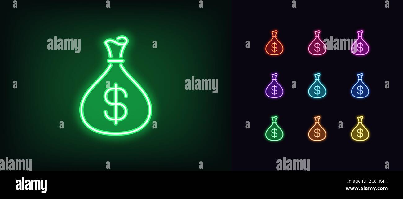 Icône sac argent néon. Panneau de revenu au néon lumineux, pochette avec dollar dans des couleurs vives. Revenus, dépôt d'argent, profit d'investissement, prime de salaire. Ensemble d'icônes, s Illustration de Vecteur