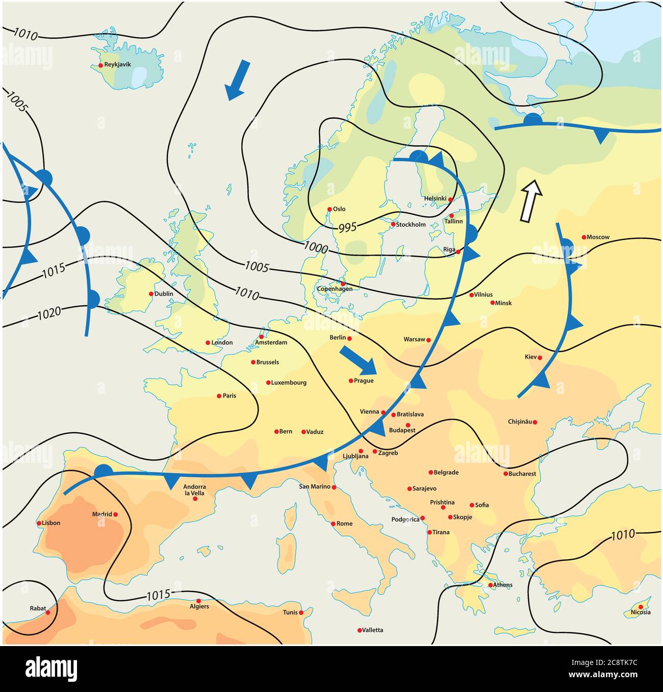 carte météorologique imaginaire à vecteur de l'europe avec les capitales Illustration de Vecteur