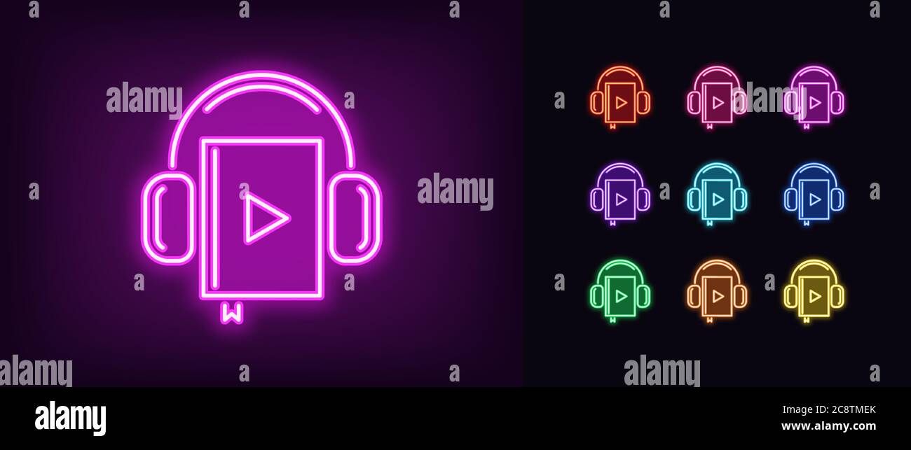 Icône de livre audio néon. Enseigne de livres audio au néon avec casque, bibliothèque en ligne aux couleurs vives. Librairie Internet, formation en ligne, lecture. Icône Illustration de Vecteur