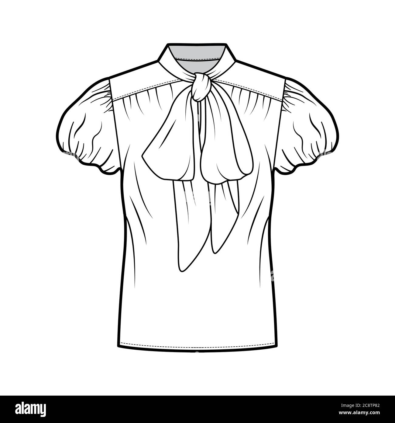 Chemisier à noeud chatte illustration technique de la mode avec corps surdimensionné, coupe ample, manches courtes bulles. Modèle de chemise sans pinces, blanc. Maquette CAD pour designer pour femme, homme et unisexe Illustration de Vecteur