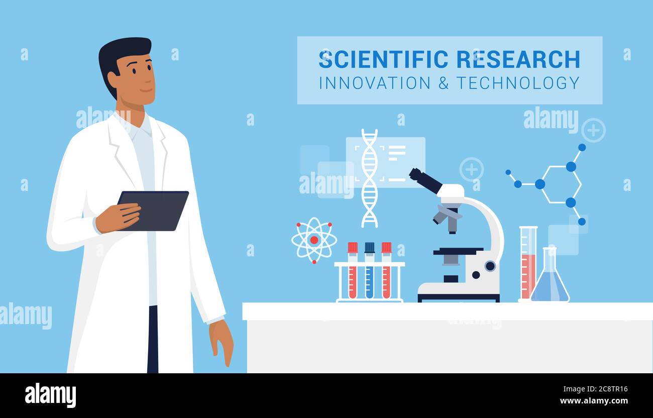 Recherche scientifique et technologie : scientifique travaillant en laboratoire et tenant une tablette numérique, équipement scientifique au premier plan Illustration de Vecteur