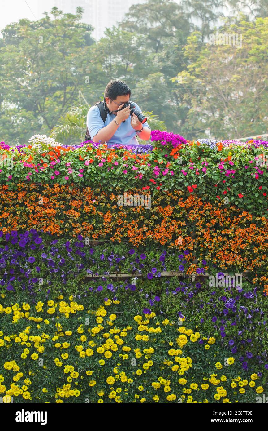 Photographe chinois homme utilisant son appareil photo pour macro prise de vue sur une fleur lors d'un événement public en plein air. Causeway Bay, Victoria Park, Hong Kong, Chine. Banque D'Images