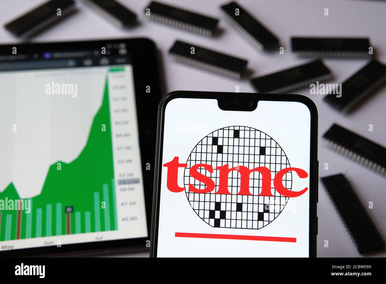 Logo TSMC vu sur smartphone et TSMC part de hausse de prix sur ipad avec micropuces vues sur l'arrière-plan. Les cours des actions en juillet 27. Graphique réel. Banque D'Images