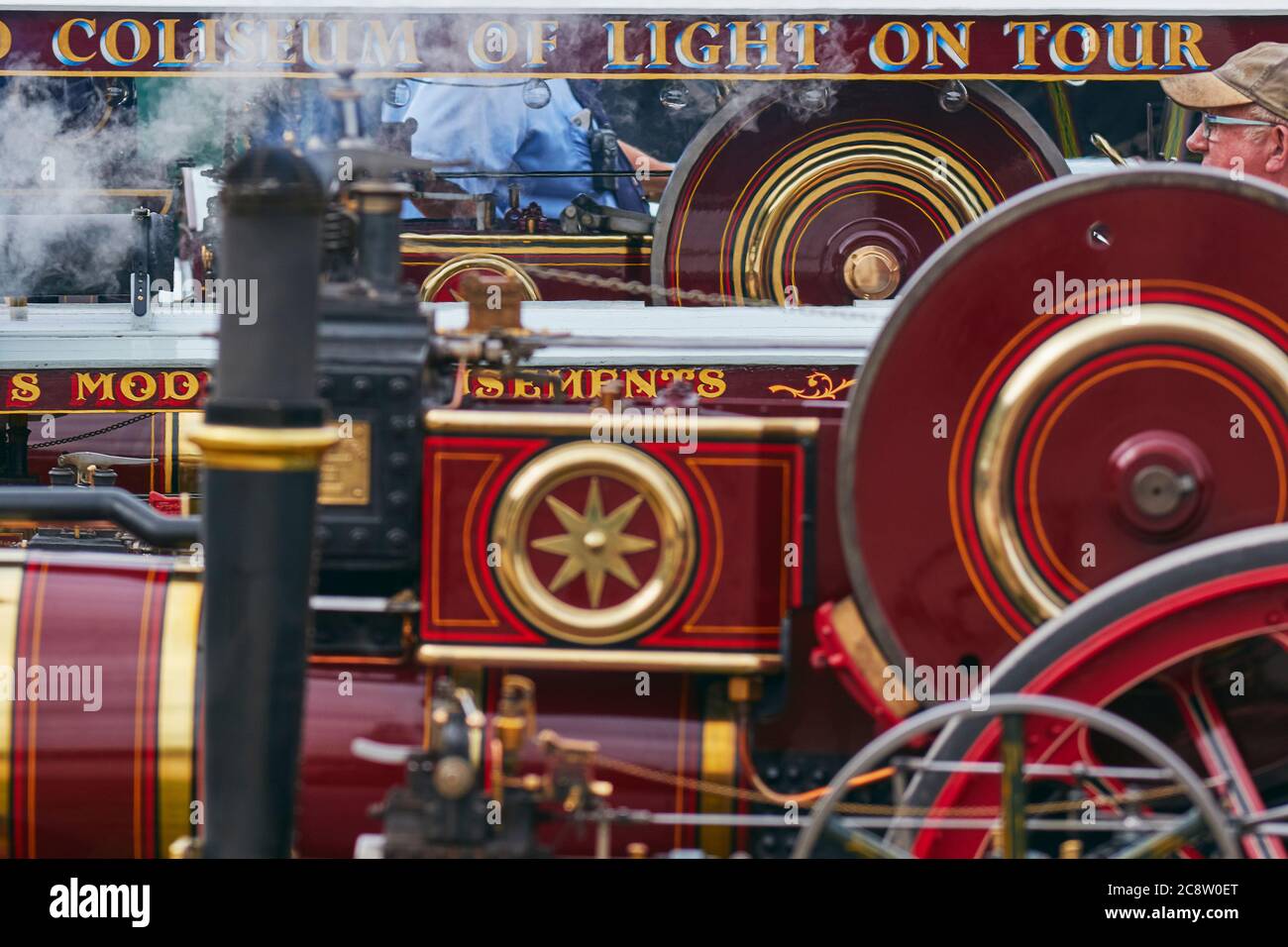 Un moteur de traction historique restauré exposé lors d'un spectacle agricole ; le Royal Bath and West Show, près de Shepton Mallet, Somerset, Grande-Bretagne. Banque D'Images