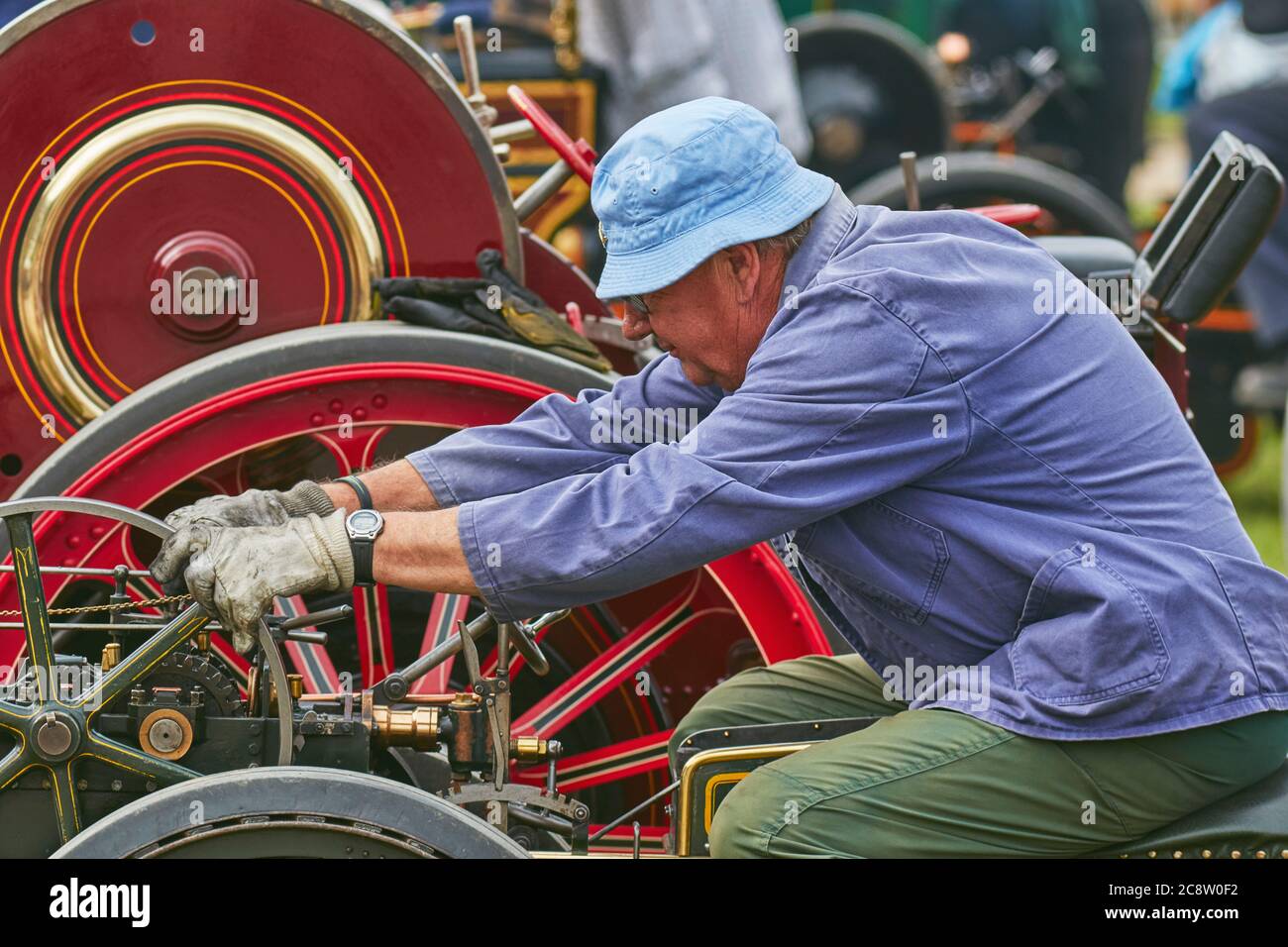 Un moteur de traction historique restauré exposé lors d'un spectacle agricole ; le Royal Bath and West Show, près de Shepton Mallet, Somerset, Grande-Bretagne. Banque D'Images
