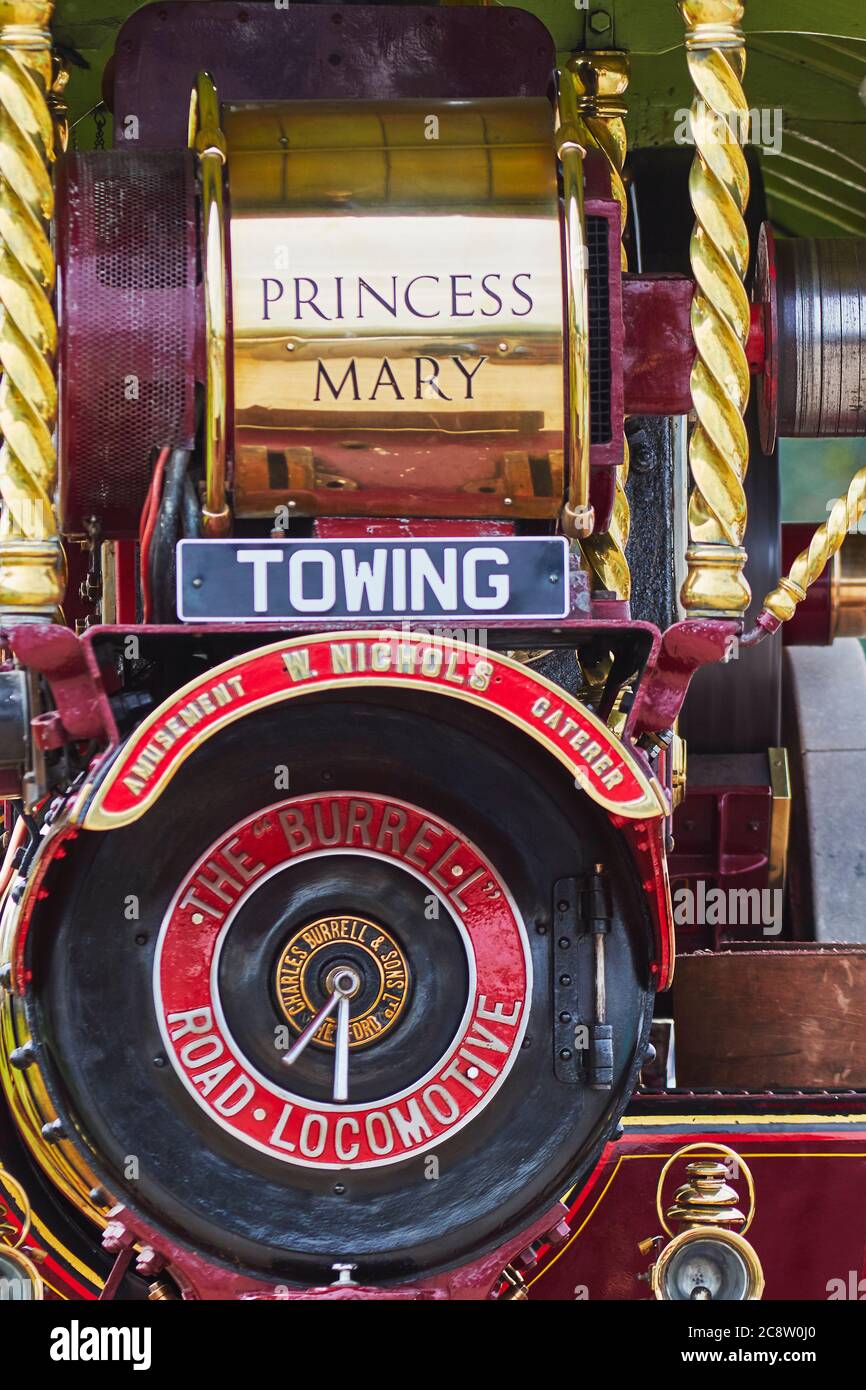 Un moteur de traction historique restauré exposé lors d'un spectacle agricole ; le Royal Bath and West Show, près de Shepton Mallet, Somerset, Grande-Bretagne. Banque D'Images