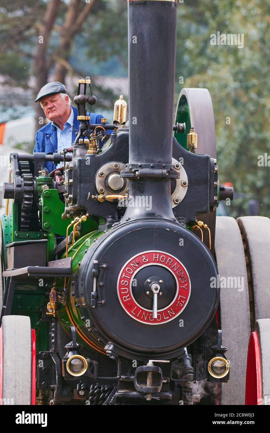 Un moteur de traction historique restauré exposé lors d'un spectacle agricole ; le Royal Bath and West Show, près de Shepton Mallet, Somerset, Grande-Bretagne. Banque D'Images