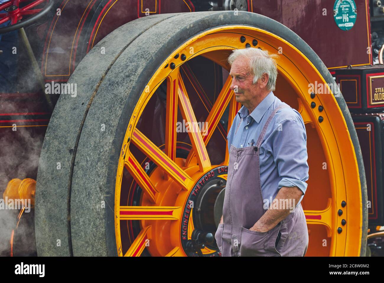 Un moteur de traction historique restauré exposé lors d'un spectacle agricole ; le Royal Bath and West Show, près de Shepton Mallet, Somerset, Grande-Bretagne. Banque D'Images