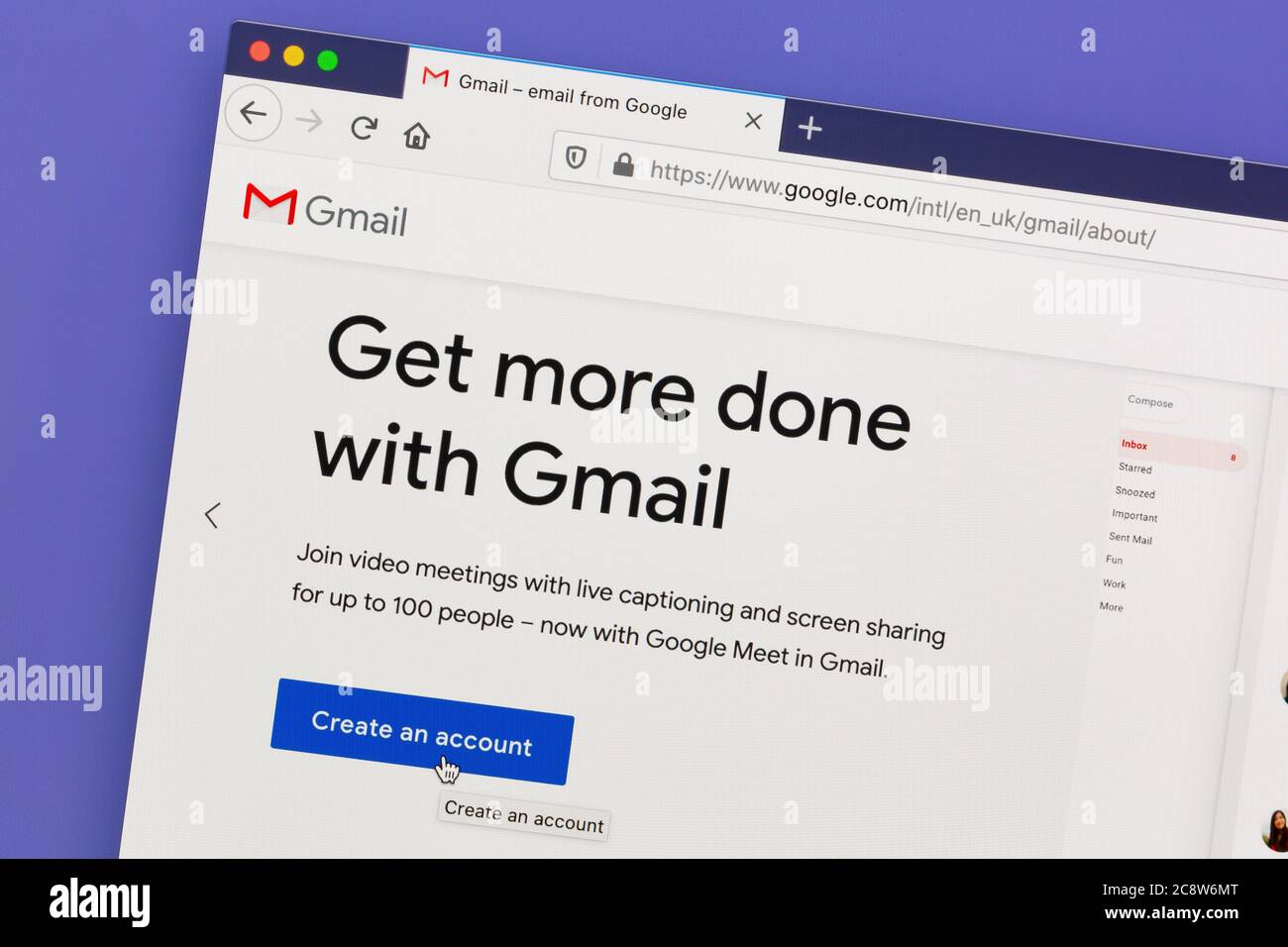 Ostersund, Suède - 27 juillet 2020 : site web de Gmail sur écran d'ordinateur. Gmail est un service de messagerie gratuit développé par Google. Banque D'Images