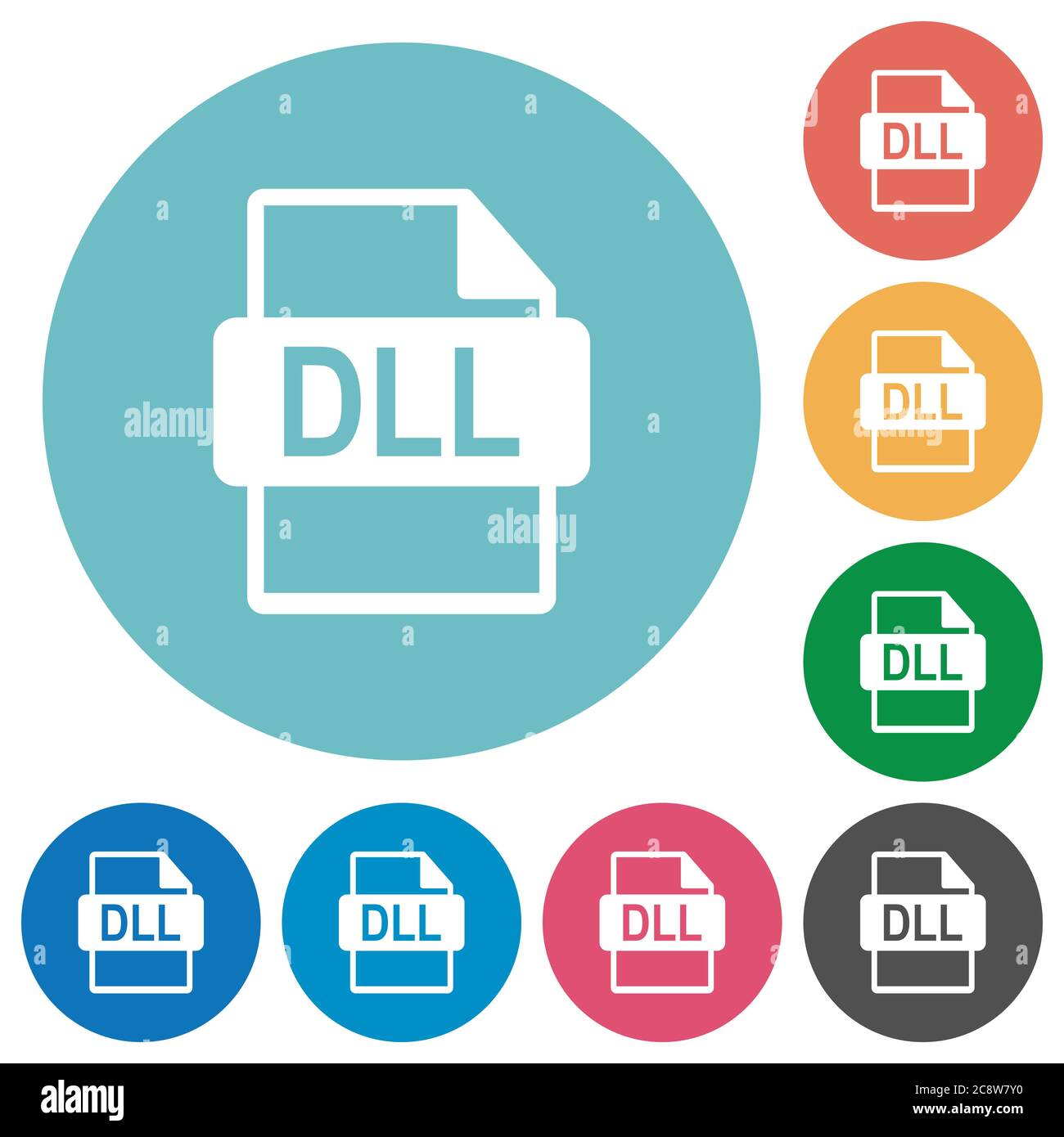 Icône de format de fichier DLL plat définie sur fond de couleur ronde. Illustration de Vecteur