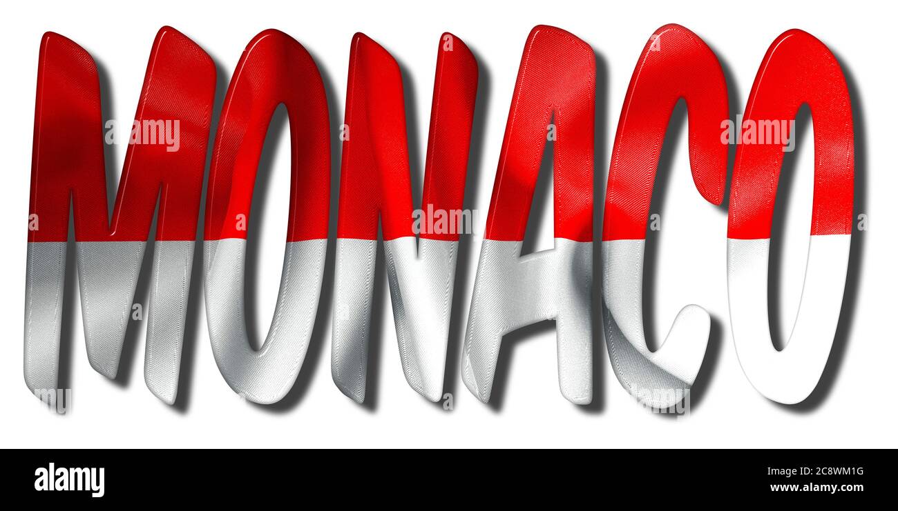 Illustration Monaco Word 3D avec une texture drapeau sur un arrière-plan blanc isolé Banque D'Images