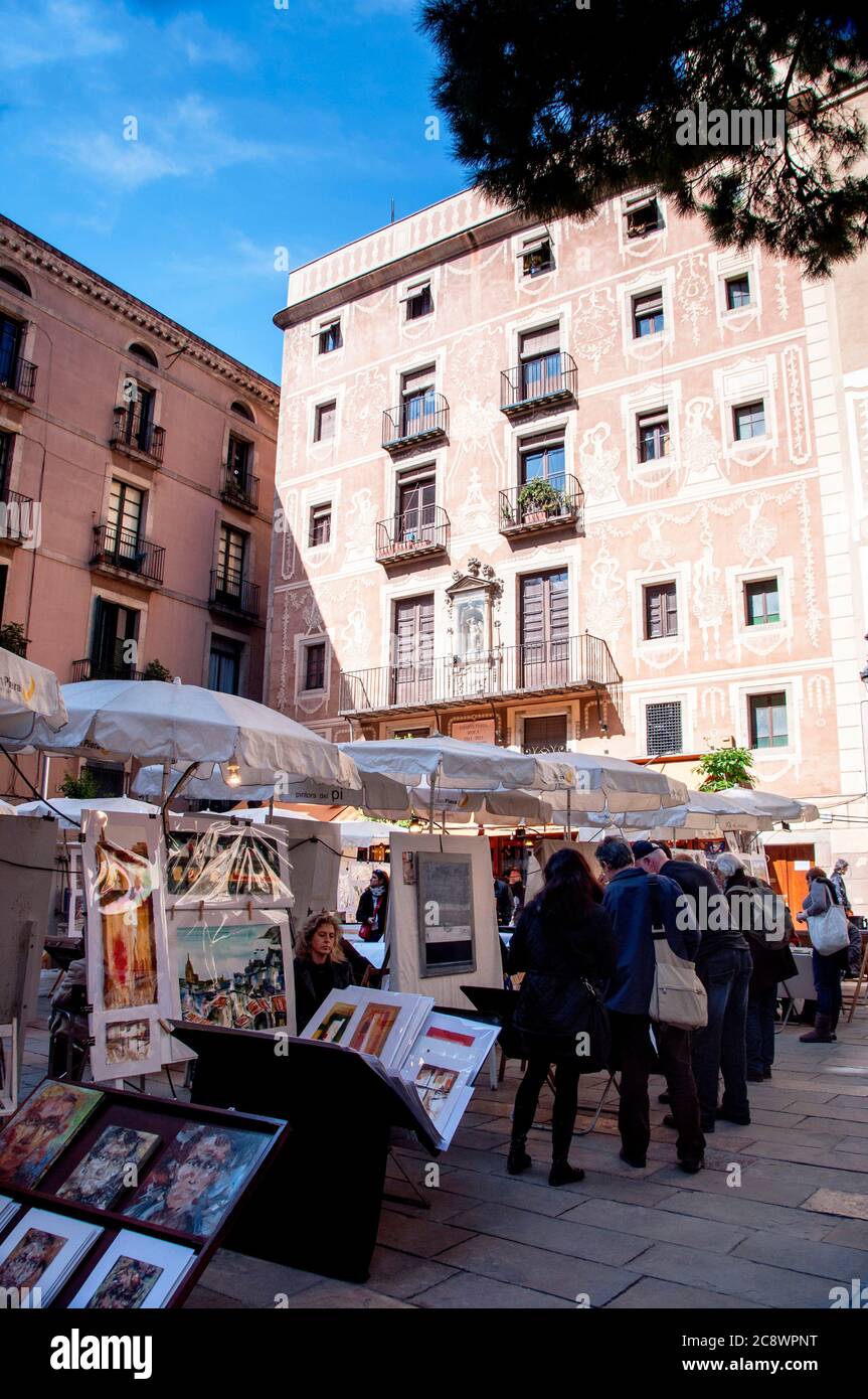 L'Art de Barcelone belle, œuvres d'art originales d'artistes catalans en Espagne. Banque D'Images