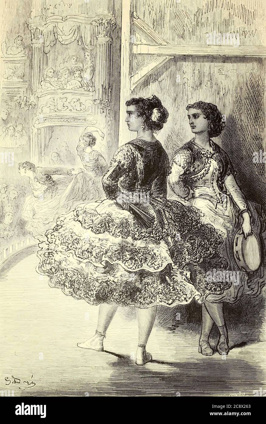 Le fandango au Théatre San Fernando, a Seville [danse du fandango au théâtre San Fernando, à Séville] illustration de la page du livre 'pain' [l'Espagne] de Davillier, Jean Charles, barón, 1823-1883; doré, Gustave, 1832-1883; publié à Paris, France par Librairie Hachette, en 1874 Banque D'Images