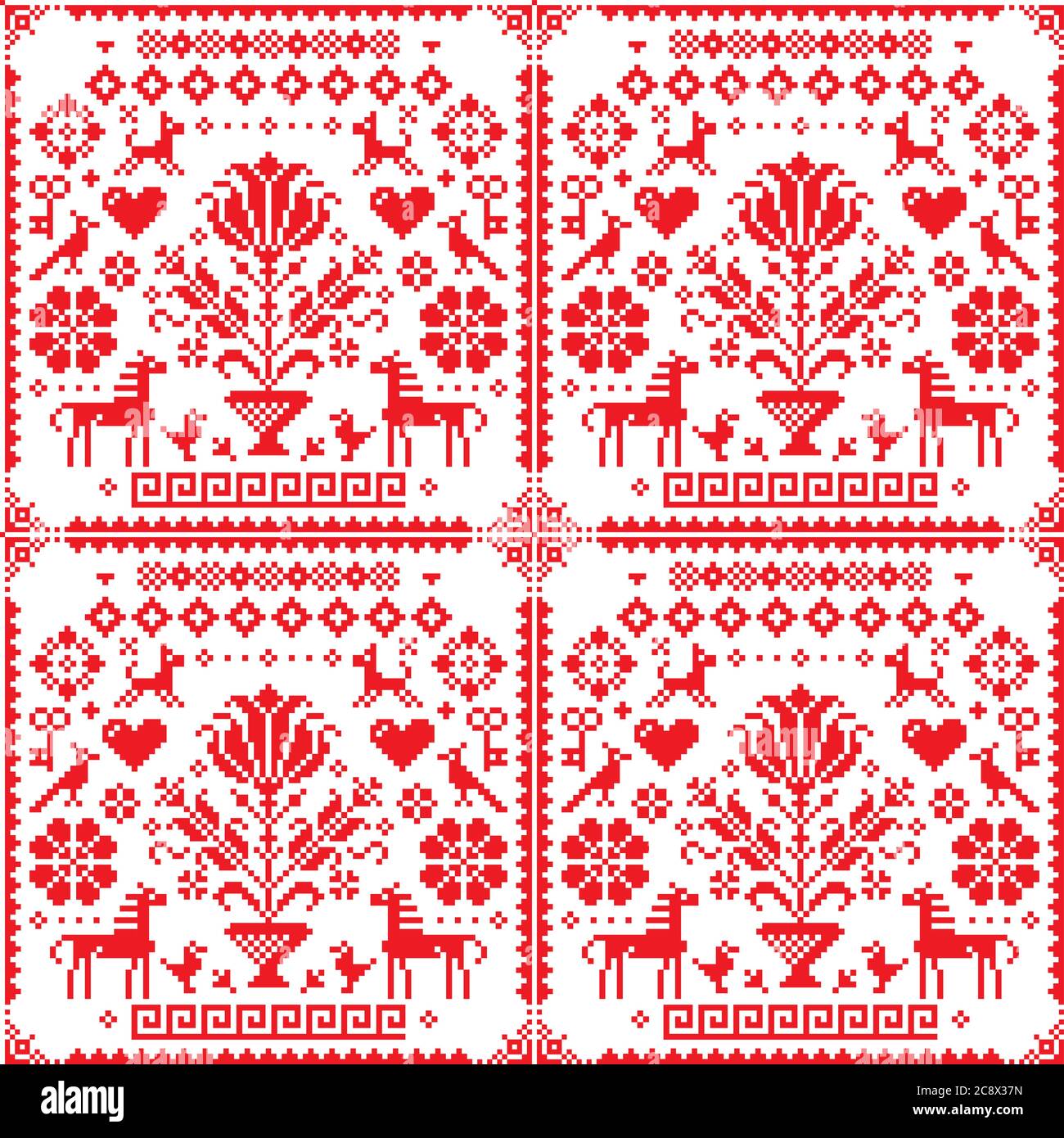 Motif traditionnel vectoriel en point de croix rouge et blanc sans couture - arrière-plan répétitif inspiré de la broderie allemande de style ancien avec fleurs et animaux Illustration de Vecteur