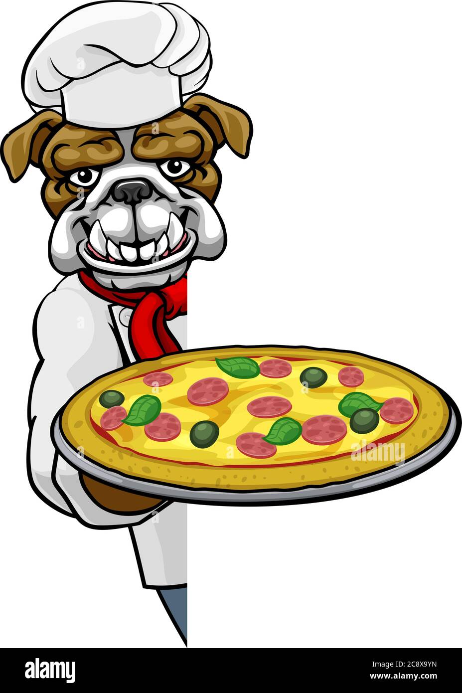 Panneau de mascotte du restaurant Bulldog Pizza Chef Cartoon Illustration de Vecteur