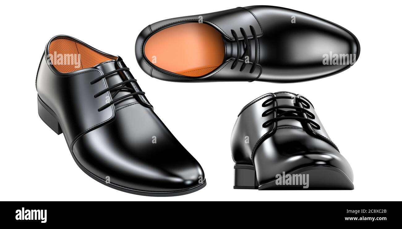 Ensemble de chaussures noires à la mode pour homme. rendu 3d des bottes  mâles en cuir isolées sur fond blanc. Pour la publicité d'un magasin de  chaussures ou pour polishin Photo Stock -