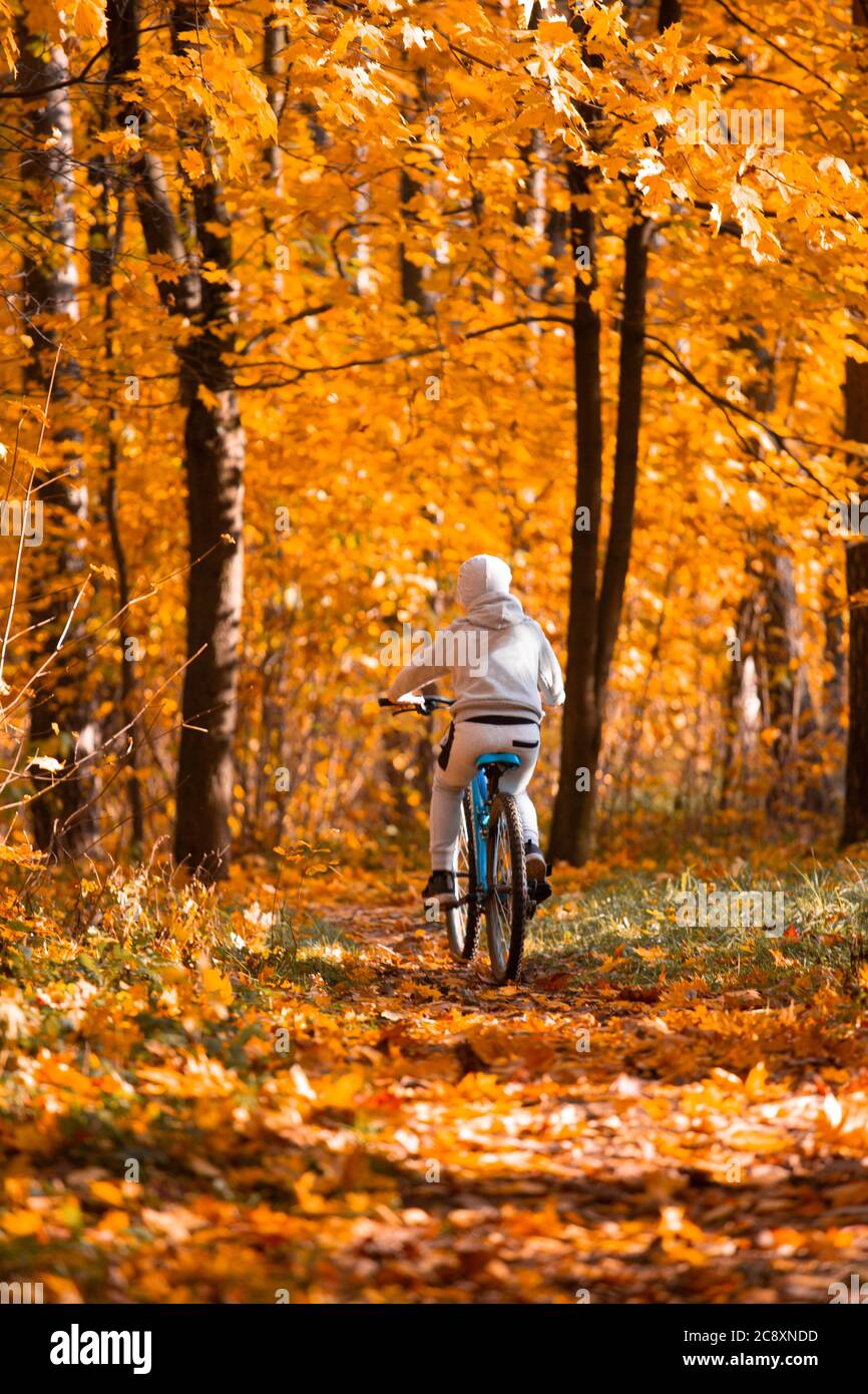 Garçon à vélo dans le parc de l'érable orange d'automne sur une route de terre dans les bois Banque D'Images