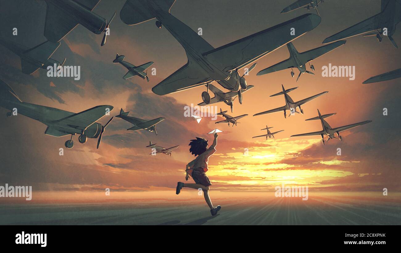 le garçon joue des avions en papier et regarde les avions volant dans le ciel du coucher du soleil, style d'art numérique, peinture d'illustration Banque D'Images