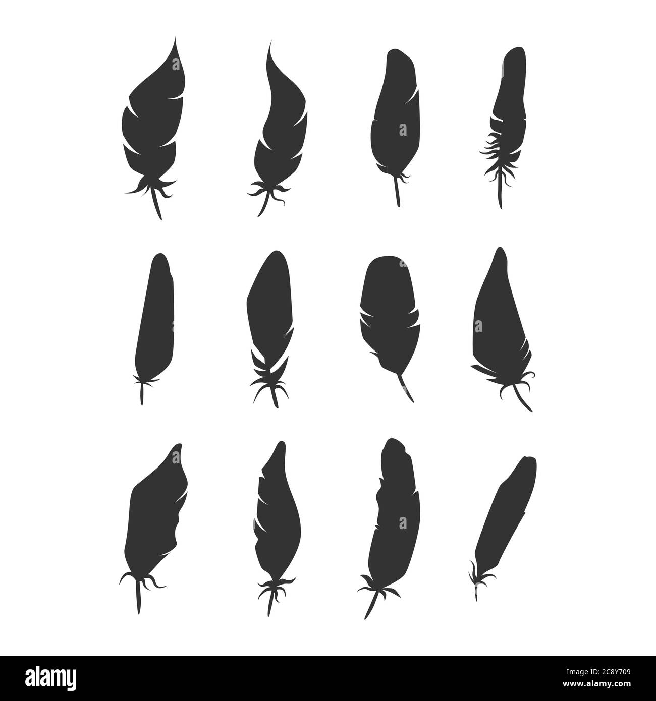 Ensemble d'icônes de silhouette d'oiseau en plumes noires. Collection de plumes vectorielles isolées. Illustration de Vecteur