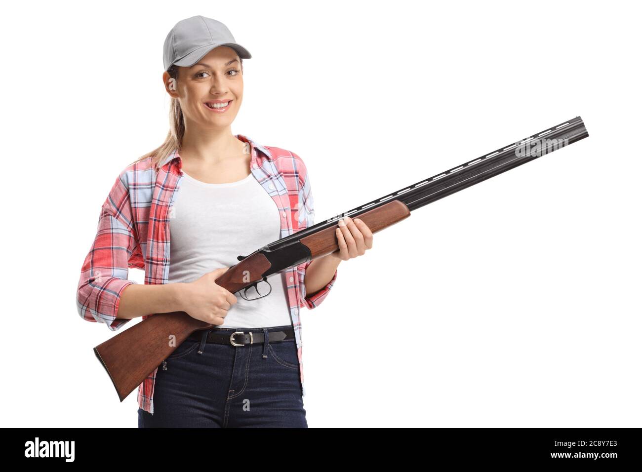 Femme avec un fusil de chasse isolé sur fond blanc Banque D'Images