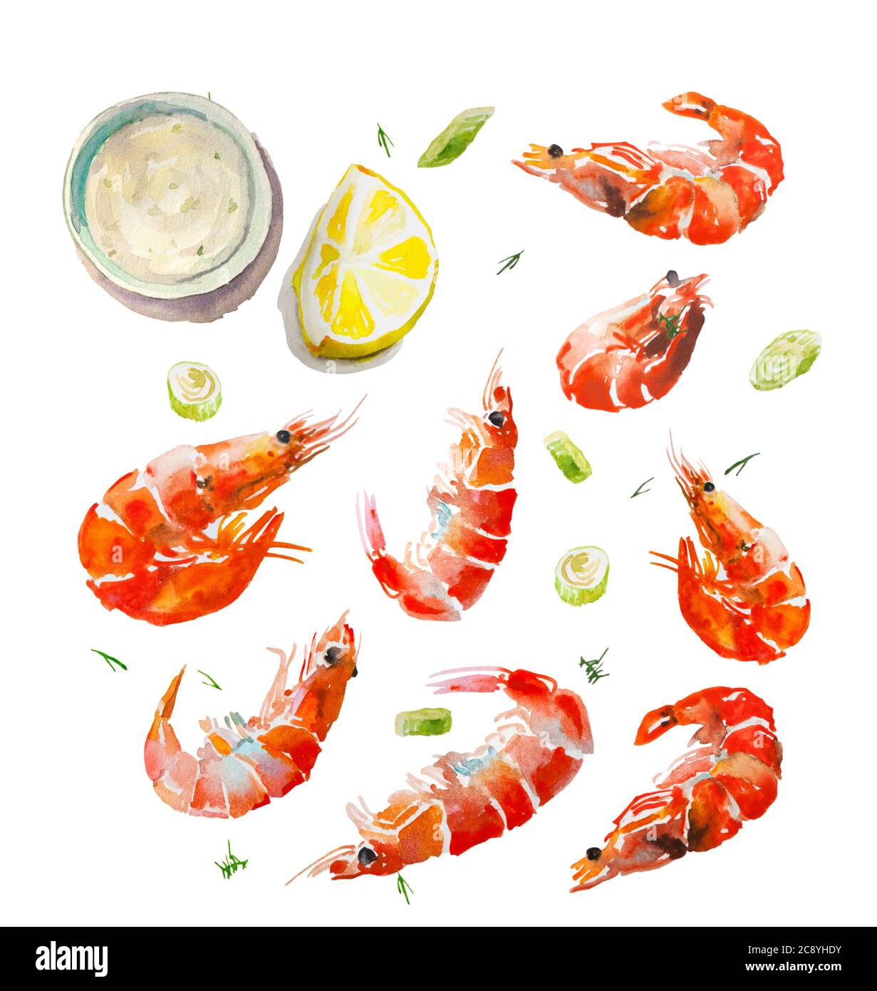Ensemble de crevettes d'aquarelle cuites avec un bol de sauce, un quart de citron, de l'aneth et des tranches d'oignon isolées sur fond blanc Banque D'Images