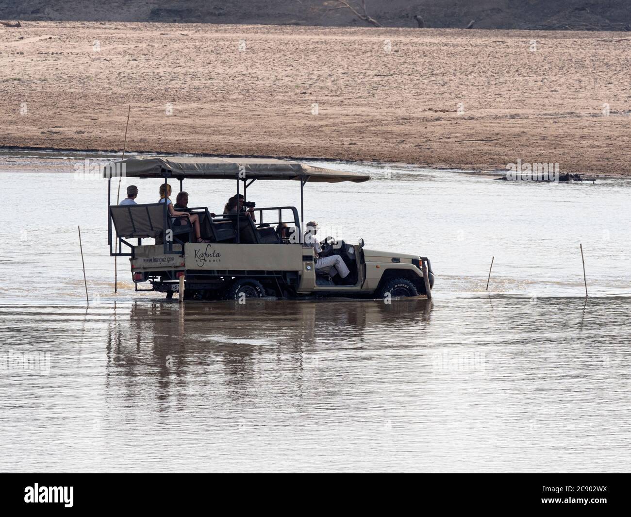 Traversée de la rivière Luangwa dans un véhicule de safari, parc national de Luangwa Sud, Zambie. Banque D'Images Traversée de la rivière Luangwa dans un véhicule de safari, parc national de Luangwa Sud, Zambie. Banque D'Images