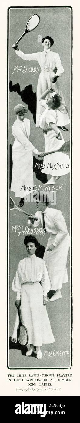 Wimbledon Ladies, 1907 portraits des principaux joueurs aux championnats de tennis de pelouse, la gagnante étant American Miss May Sutton Banque D'Images
