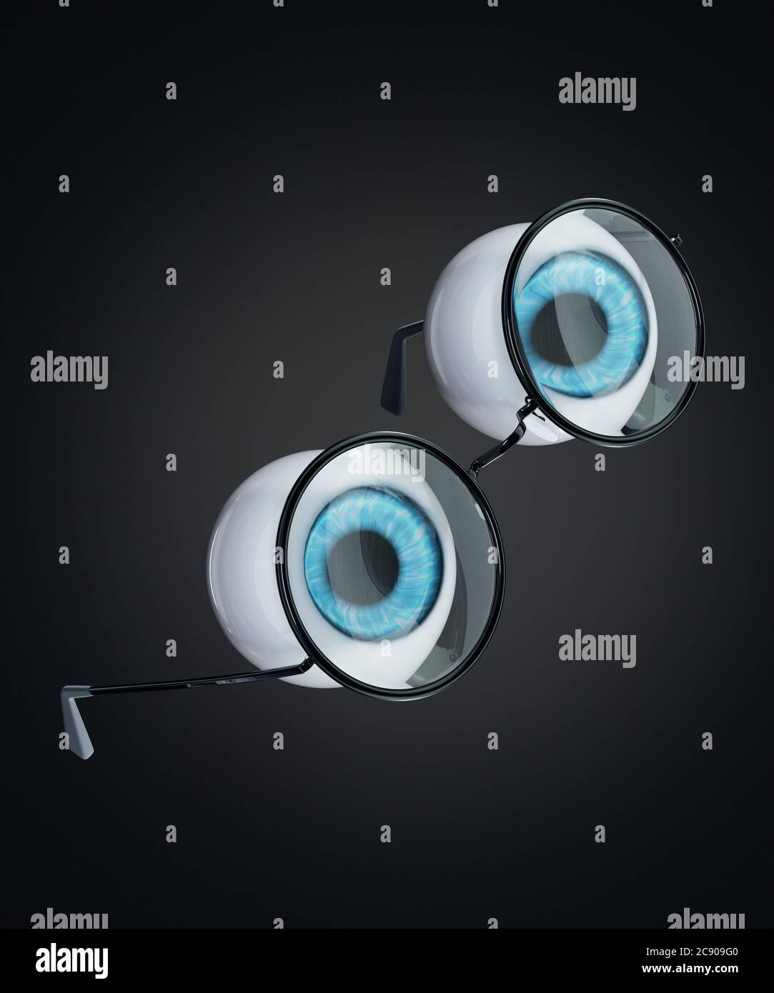 Le globe oculaire bleu de l'œil humain et les verres ronds noirs flottent sur un fond sombre. Le concept des gens est des problèmes de vue ou de myopie dans un Banque D'Images