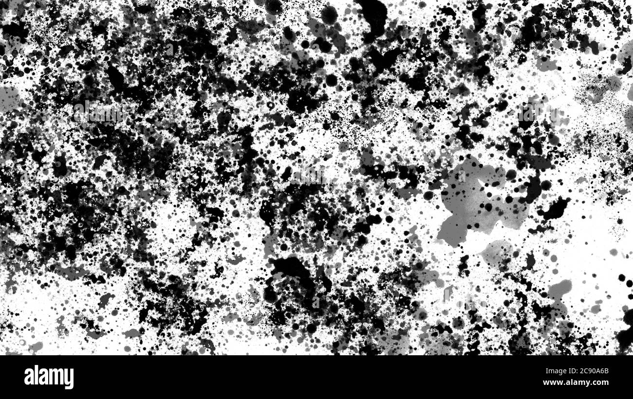 Encre noire abstraite et éclaboussures d'aquarelle. Gouttes et transferts aléatoires. Peinture sur papier blanc. Banque D'Images