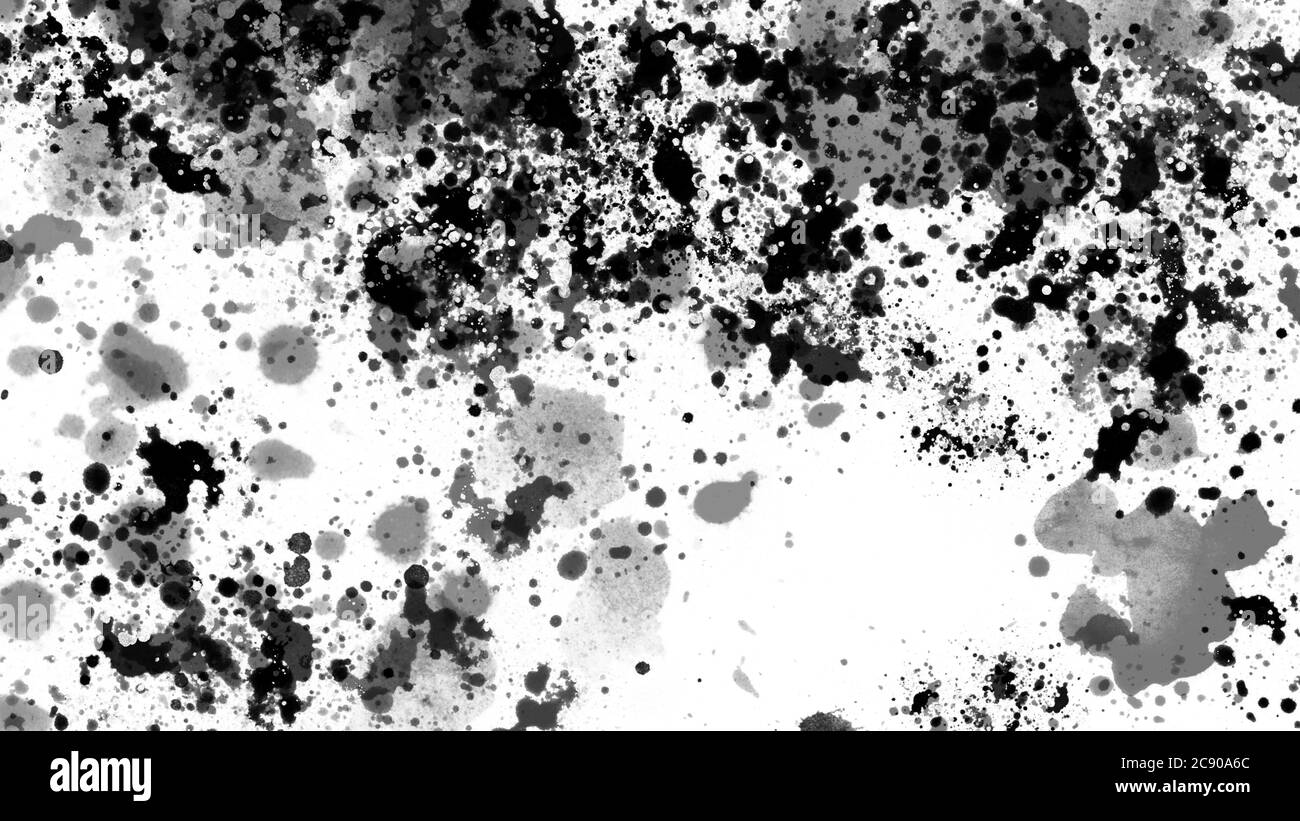 Encre noire abstraite et éclaboussures d'aquarelle. Gouttes et transferts aléatoires. Peinture sur papier blanc. Banque D'Images