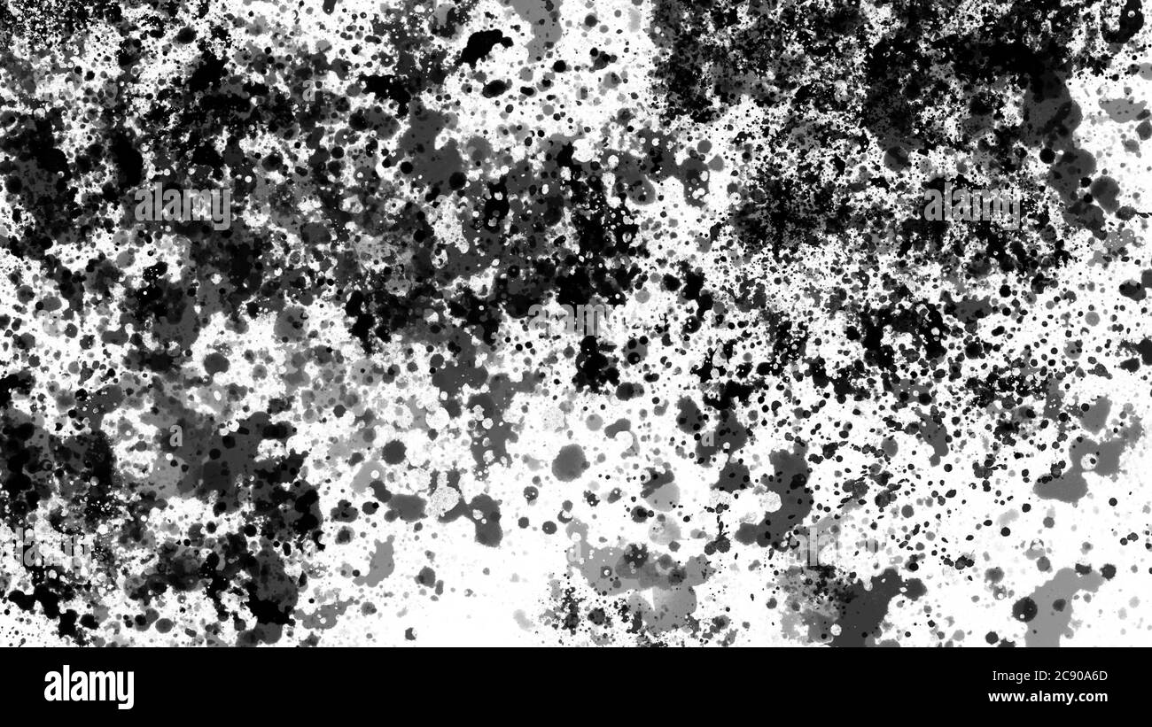 Encre noire abstraite et éclaboussures d'aquarelle. Gouttes et transferts aléatoires. Peinture sur papier blanc. Banque D'Images