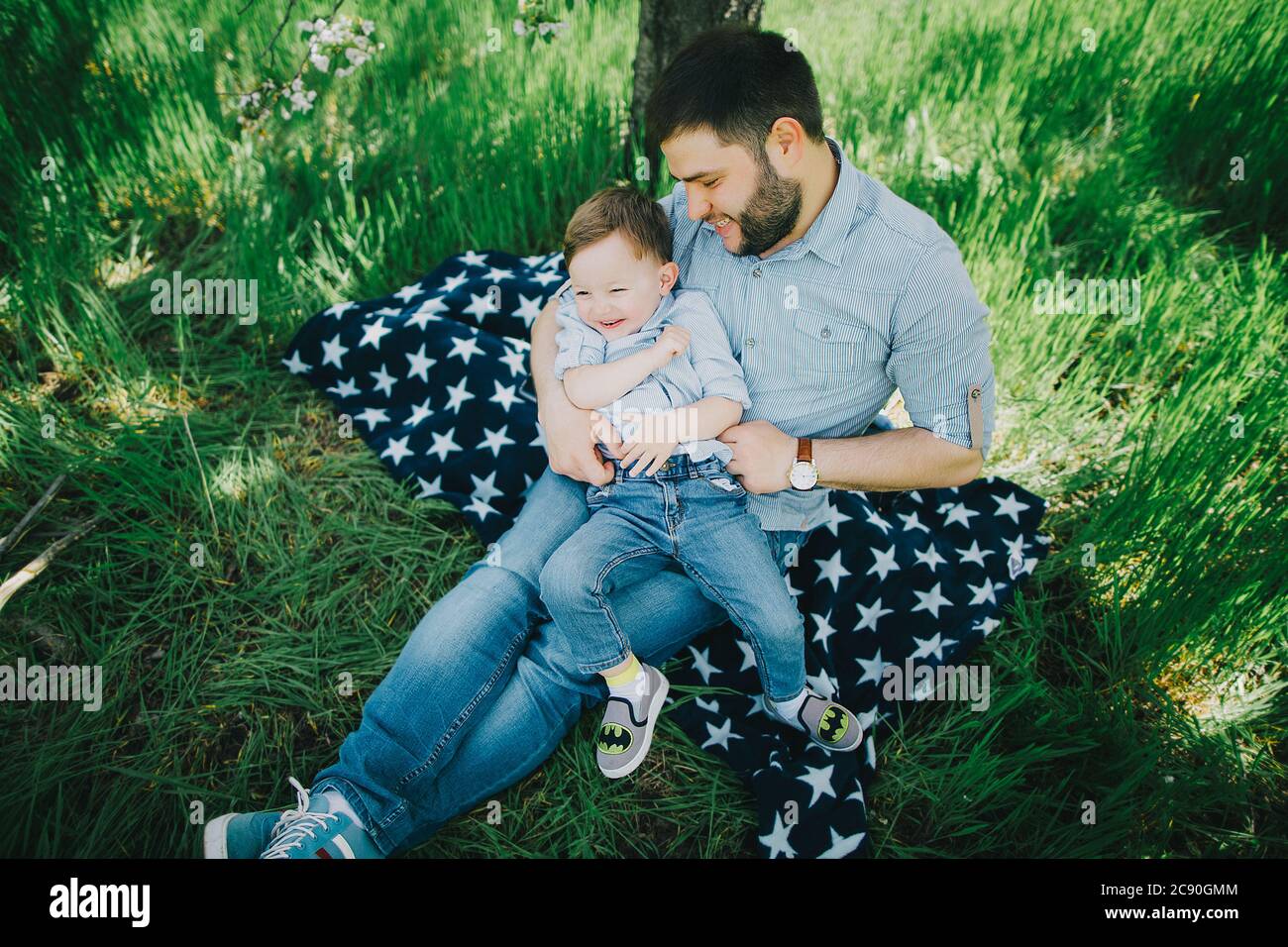 Père avec son fils (2-3) sur une couverture de pique-nique Banque D'Images