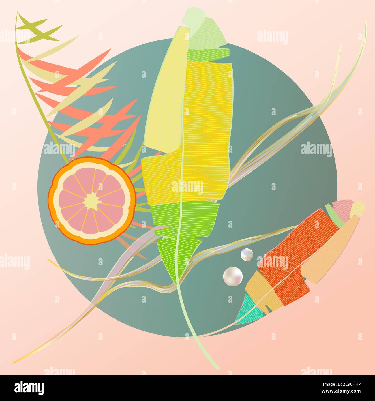 illustration vectorielle abstraite de feuilles tropicales avec perles et tranche d'orange Illustration de Vecteur