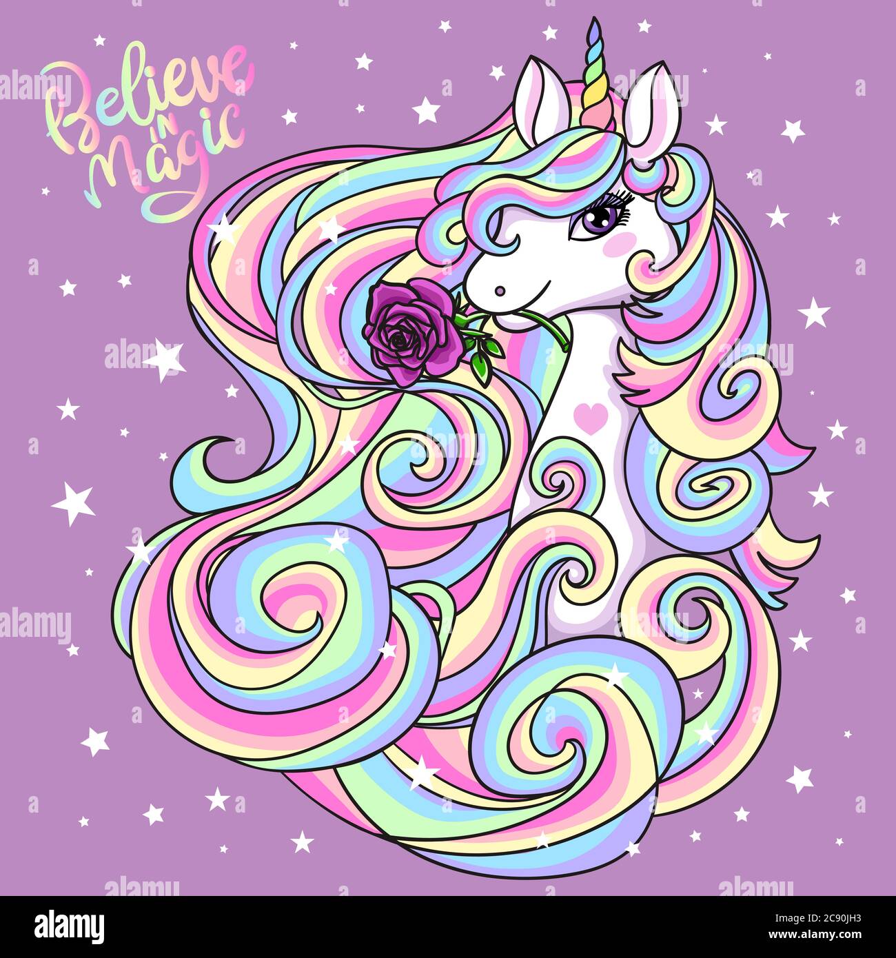 Belle licorne avec une manie arc-en-ciel et une rose. Animal fabuleux. Pour la conception de tirages, affiches, tatouages, etc. Vector Illustration de Vecteur