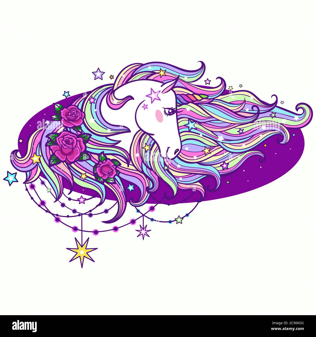 La tête d'une licorne blanche avec une longue manie et des roses. Animal fantaisie. Pour vos conseils de création, affiches, cartes, etc. Illustration vectorielle Illustration de Vecteur