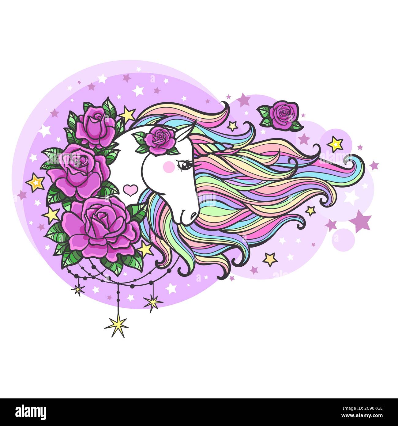 licorne blanc et arc-en-ciel avec une longue manie parmi les roses. Adorable animal fantaisie. Pour vos dessins, affiches, tatouages, cartes postales, etc. IllustrationVector Illustration de Vecteur
